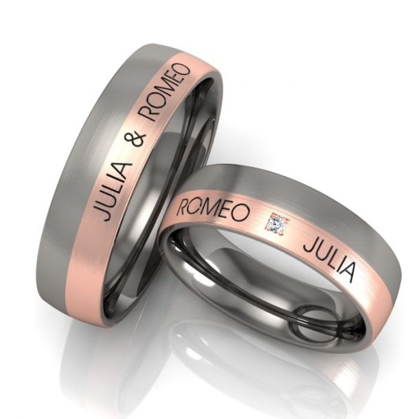 Vielsesringe Titanium og Rdguld brilliant m. Udvendig Gravering 942